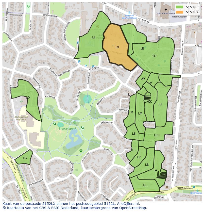 Afbeelding van het postcodegebied 5152 LX op de kaart.