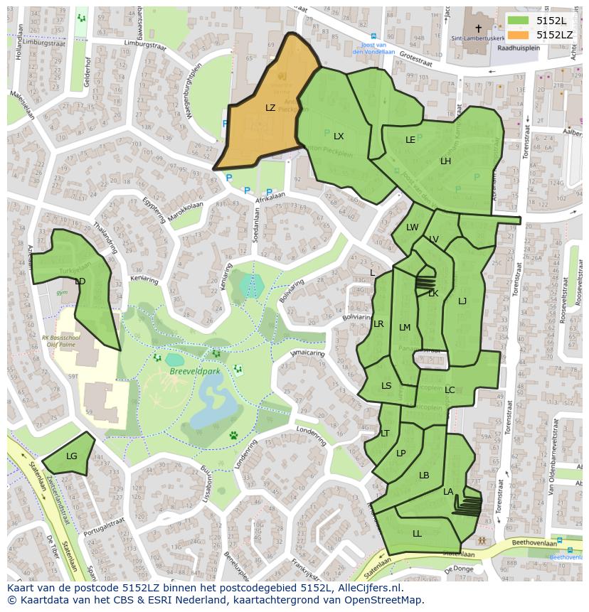 Afbeelding van het postcodegebied 5152 LZ op de kaart.