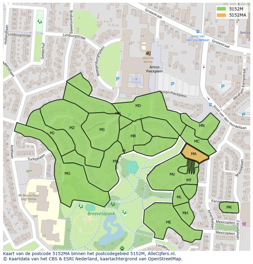 Afbeelding van het postcodegebied 5152 MA op de kaart.