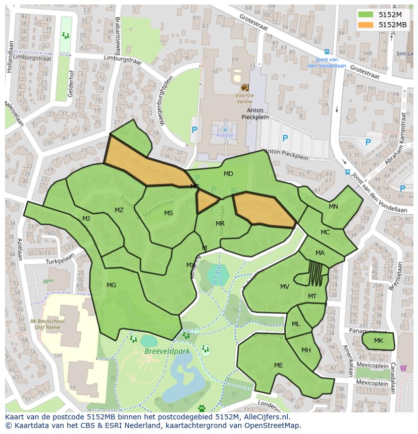 Afbeelding van het postcodegebied 5152 MB op de kaart.
