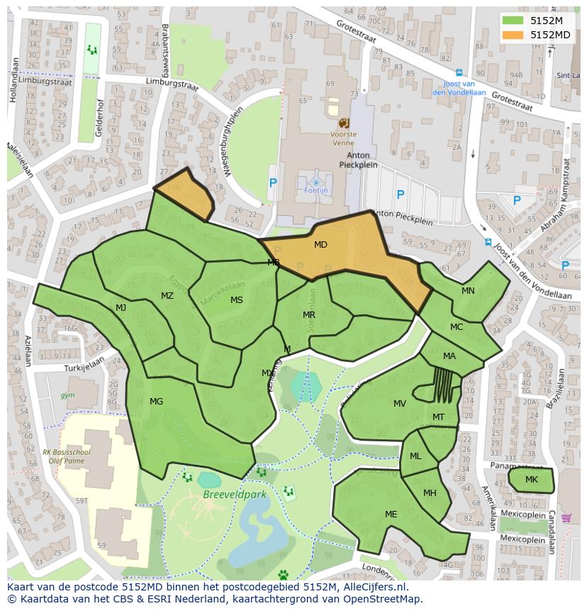 Afbeelding van het postcodegebied 5152 MD op de kaart.