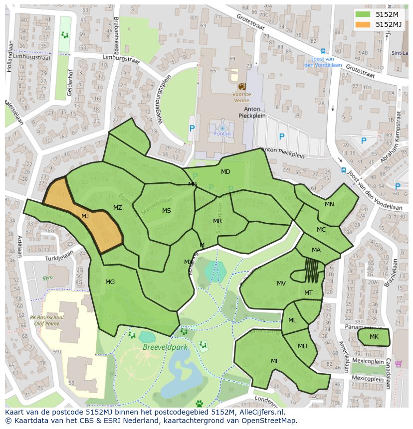 Afbeelding van het postcodegebied 5152 MJ op de kaart.