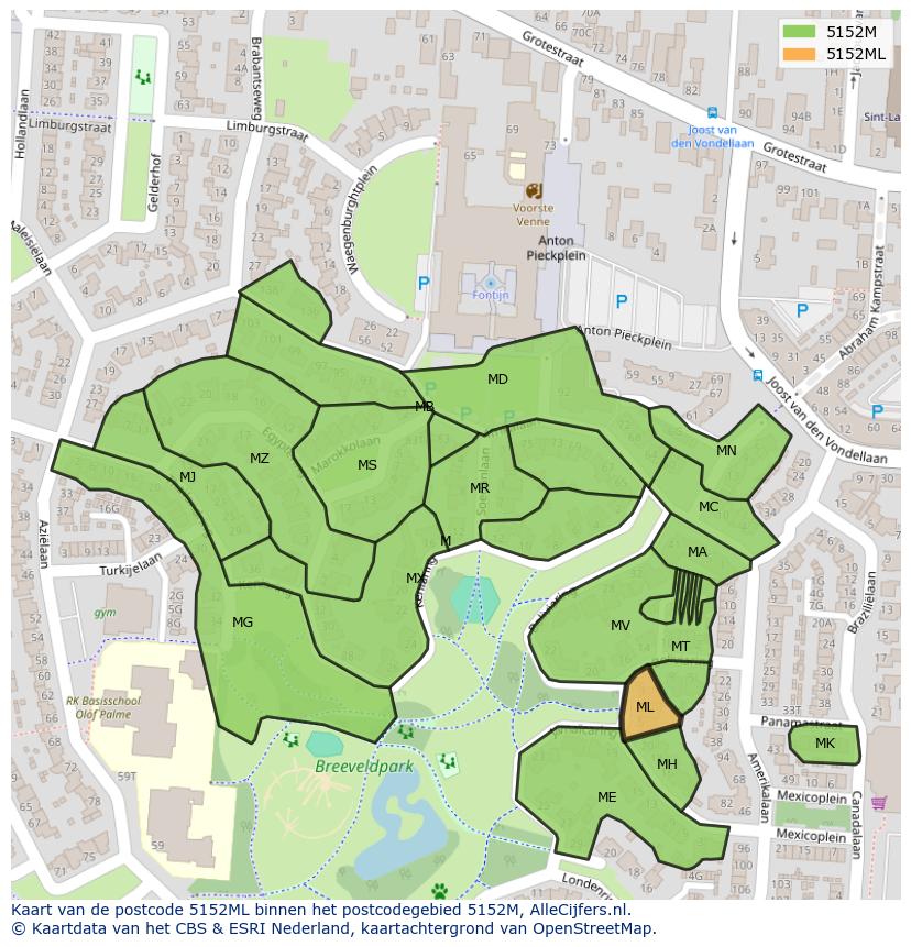 Afbeelding van het postcodegebied 5152 ML op de kaart.