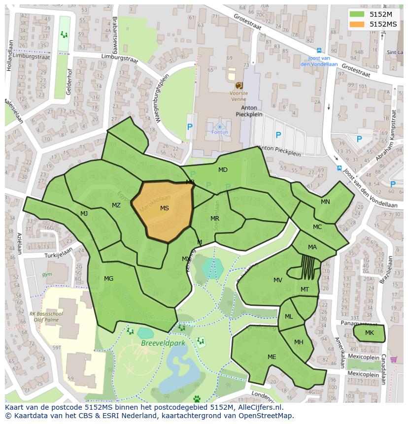 Afbeelding van het postcodegebied 5152 MS op de kaart.