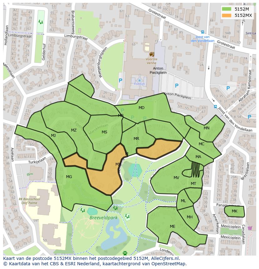 Afbeelding van het postcodegebied 5152 MX op de kaart.
