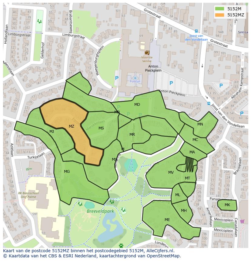 Afbeelding van het postcodegebied 5152 MZ op de kaart.