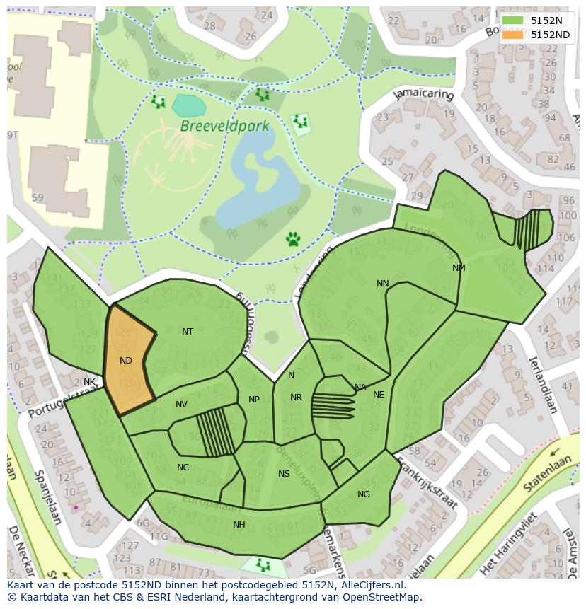 Afbeelding van het postcodegebied 5152 ND op de kaart.