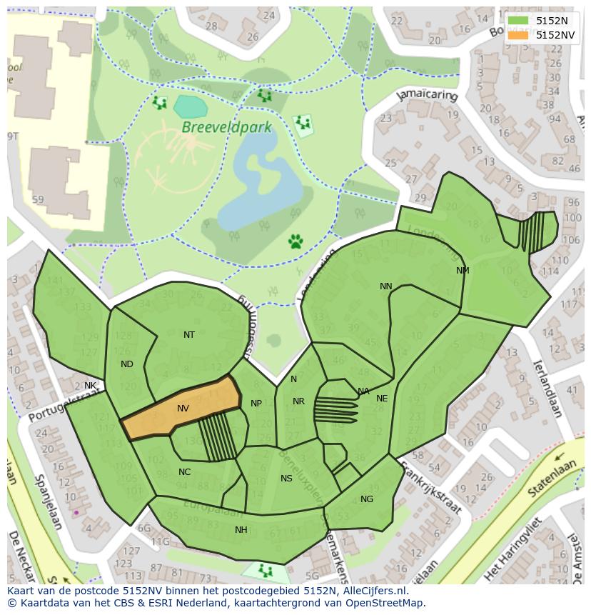 Afbeelding van het postcodegebied 5152 NV op de kaart.