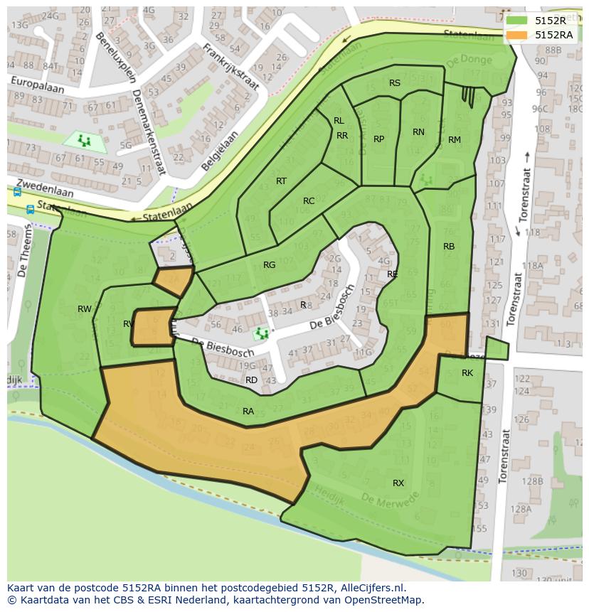 Afbeelding van het postcodegebied 5152 RA op de kaart.