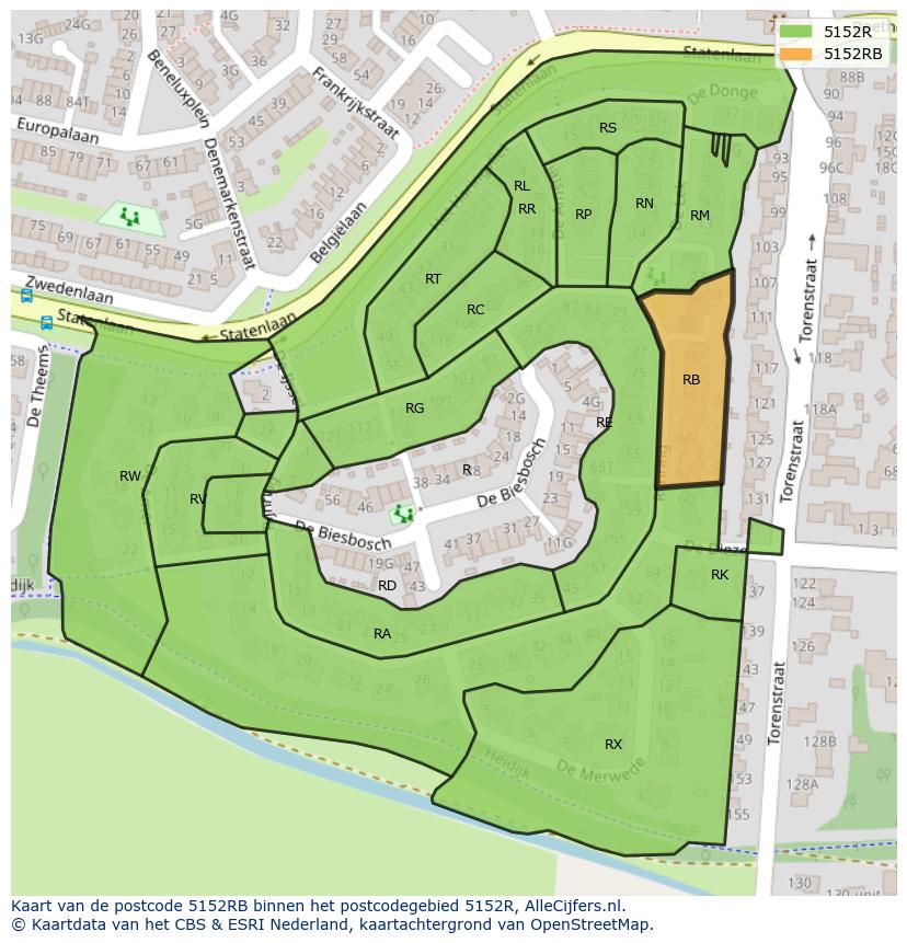 Afbeelding van het postcodegebied 5152 RB op de kaart.