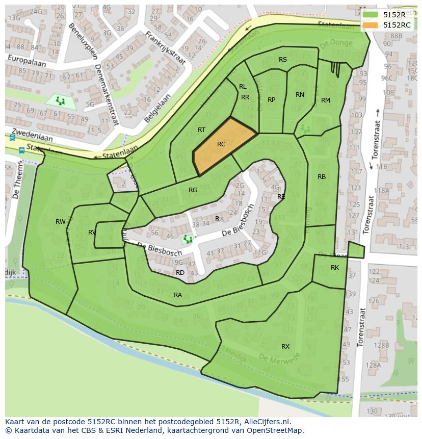Afbeelding van het postcodegebied 5152 RC op de kaart.