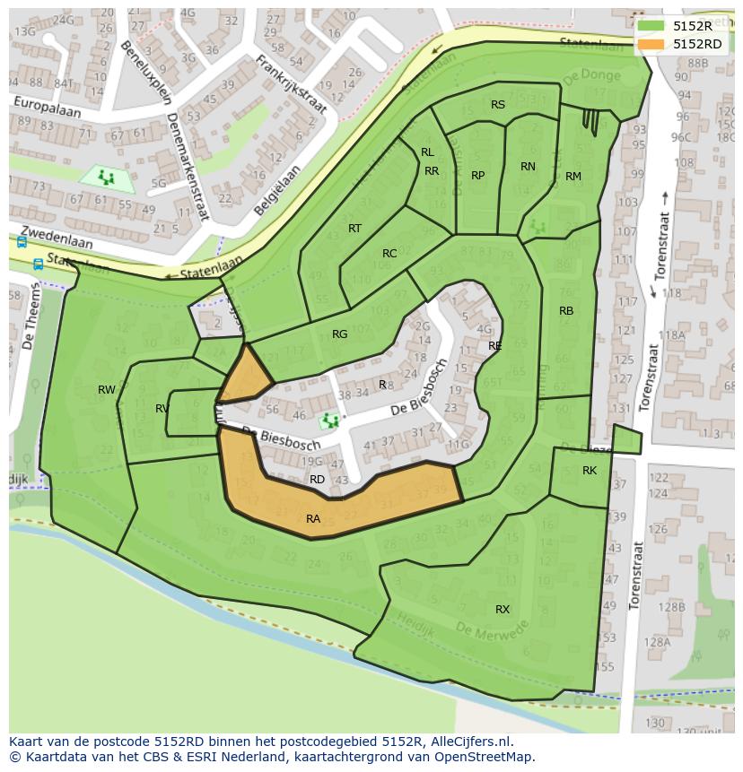 Afbeelding van het postcodegebied 5152 RD op de kaart.