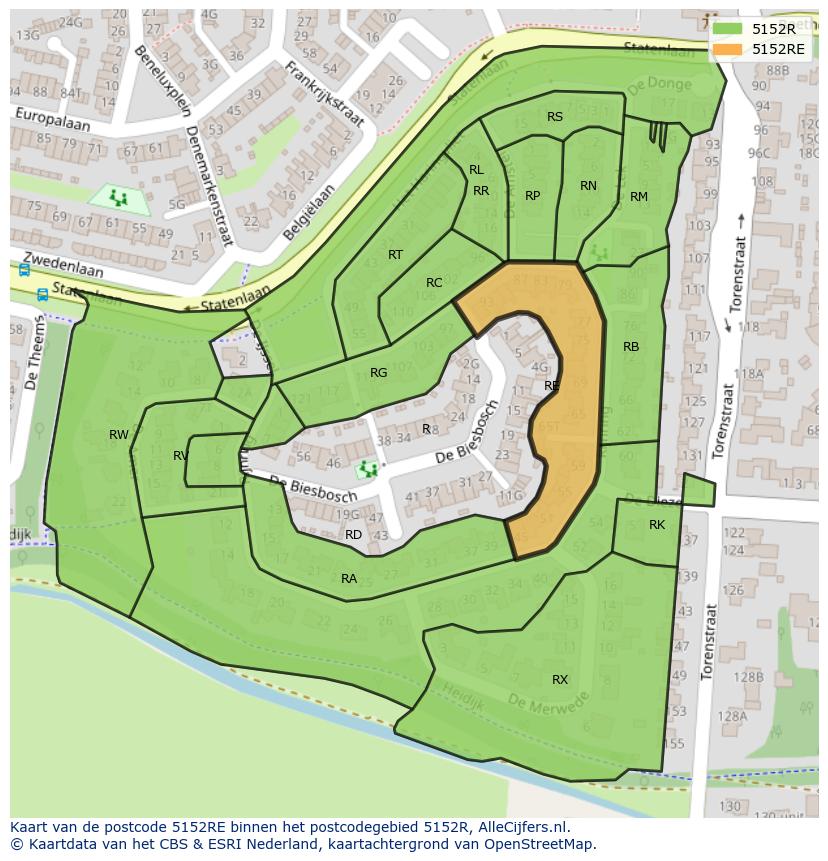 Afbeelding van het postcodegebied 5152 RE op de kaart.