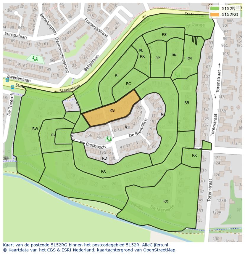 Afbeelding van het postcodegebied 5152 RG op de kaart.
