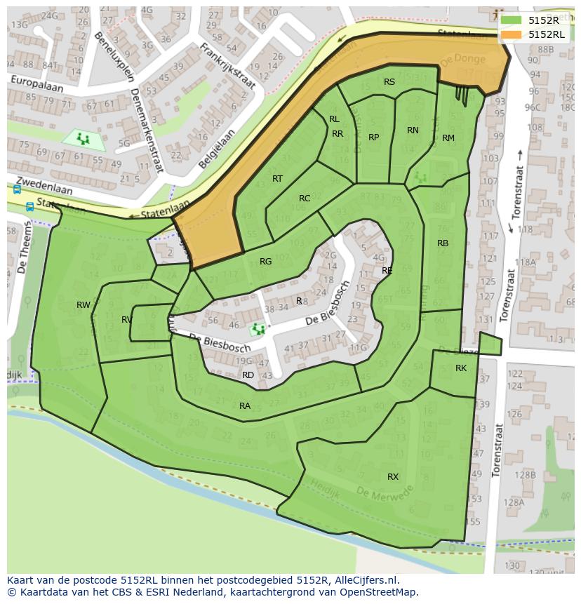 Afbeelding van het postcodegebied 5152 RL op de kaart.
