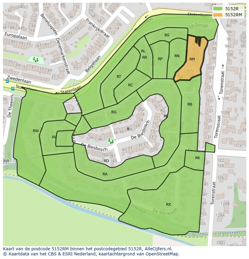 Afbeelding van het postcodegebied 5152 RM op de kaart.