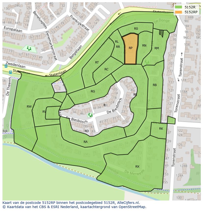 Afbeelding van het postcodegebied 5152 RP op de kaart.