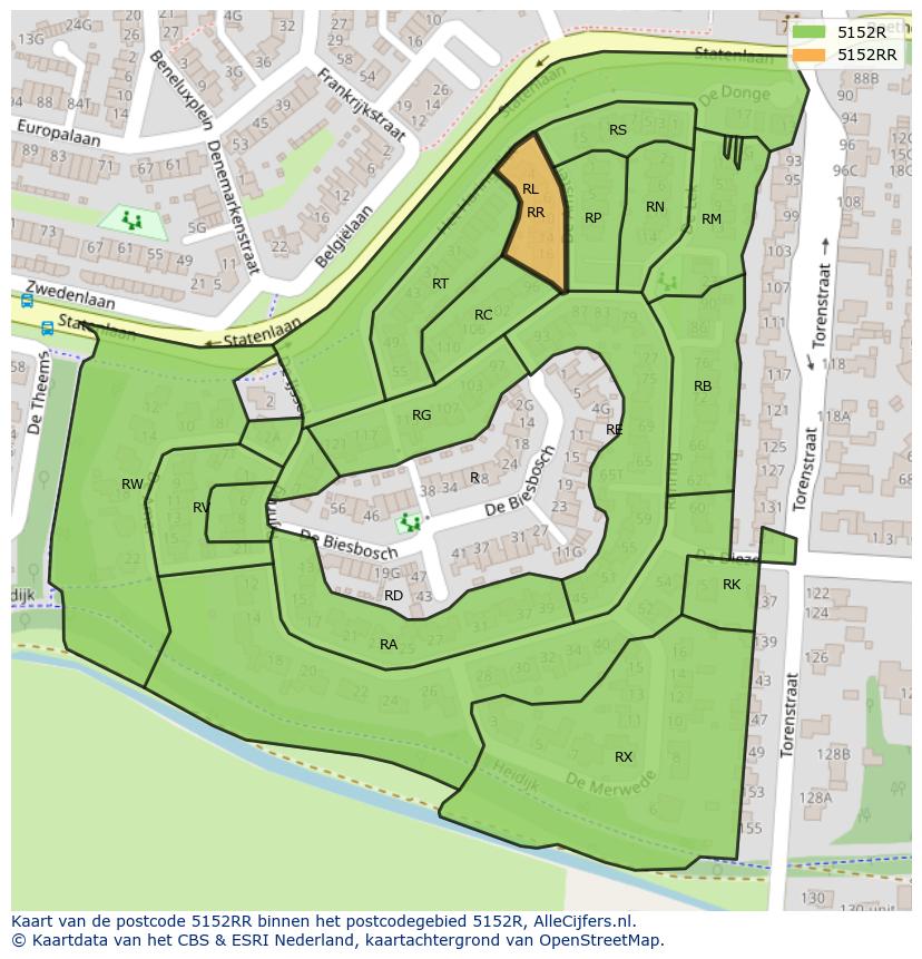 Afbeelding van het postcodegebied 5152 RR op de kaart.