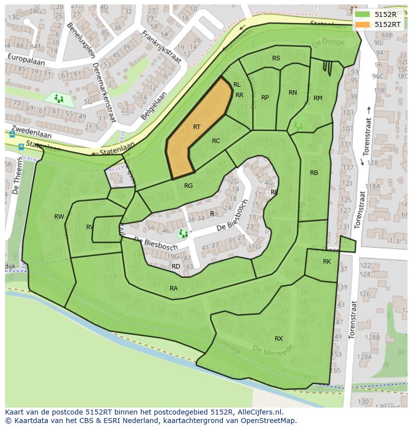 Afbeelding van het postcodegebied 5152 RT op de kaart.