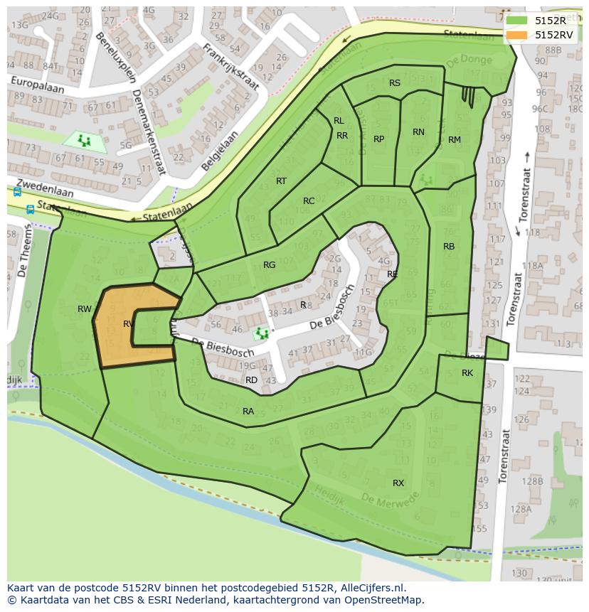 Afbeelding van het postcodegebied 5152 RV op de kaart.