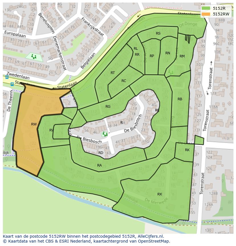 Afbeelding van het postcodegebied 5152 RW op de kaart.