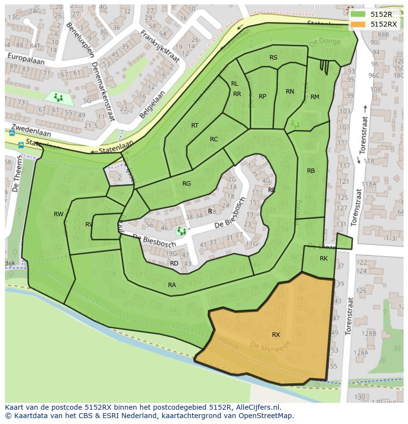 Afbeelding van het postcodegebied 5152 RX op de kaart.