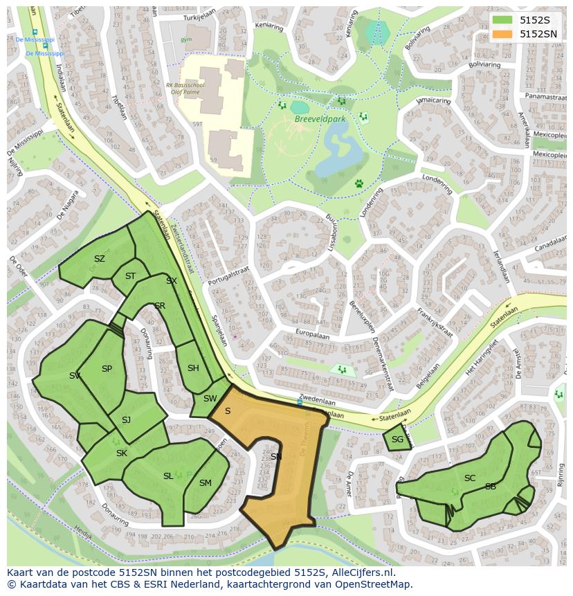 Afbeelding van het postcodegebied 5152 SN op de kaart.