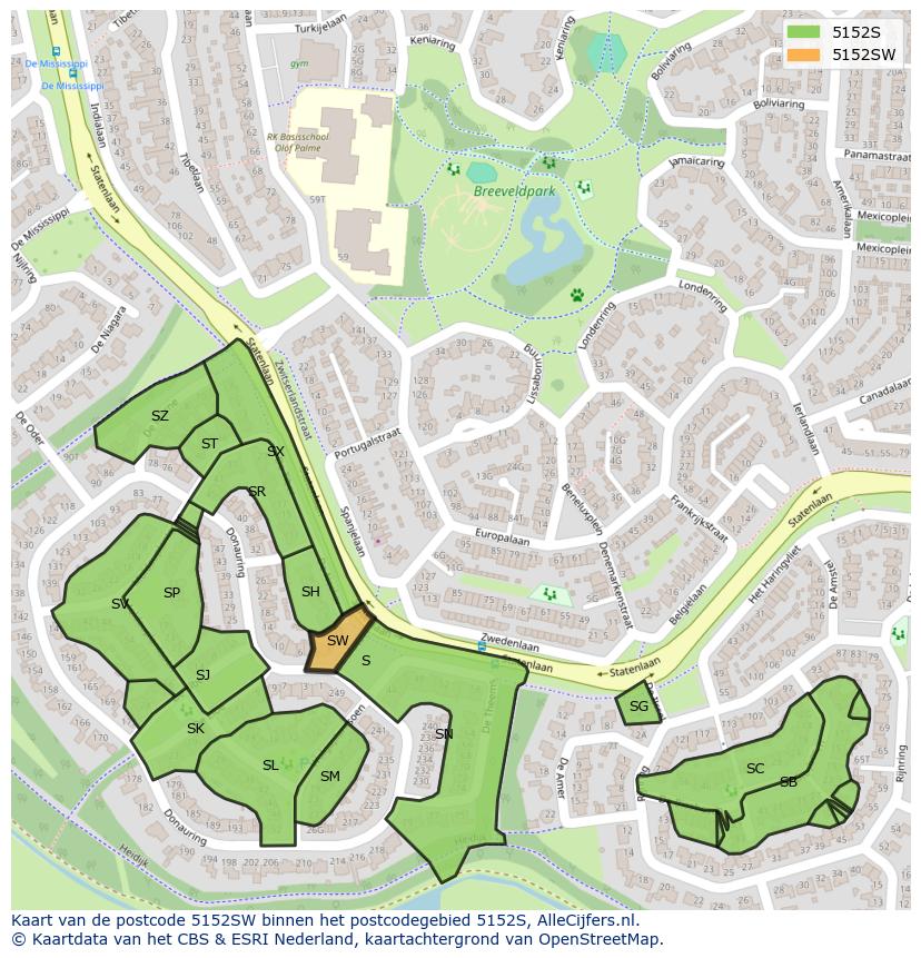 Afbeelding van het postcodegebied 5152 SW op de kaart.