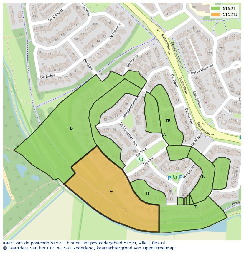 Afbeelding van het postcodegebied 5152 TJ op de kaart.