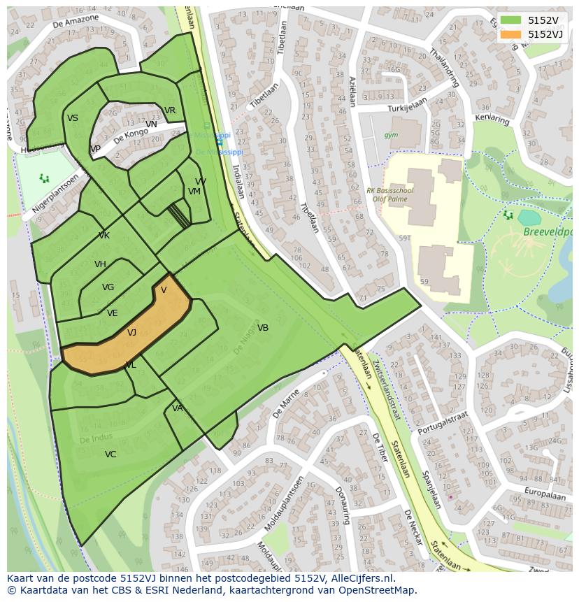Afbeelding van het postcodegebied 5152 VJ op de kaart.