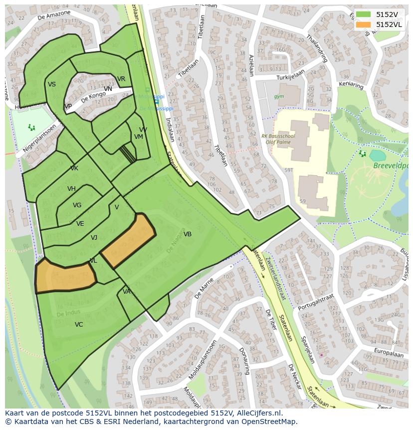 Afbeelding van het postcodegebied 5152 VL op de kaart.