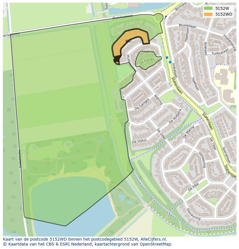 Afbeelding van het postcodegebied 5152 WD op de kaart.