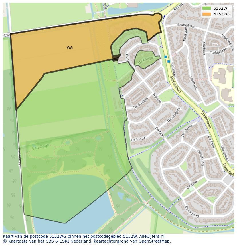 Afbeelding van het postcodegebied 5152 WG op de kaart.