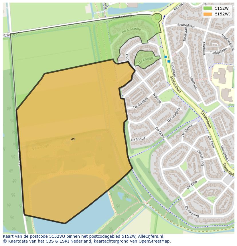 Afbeelding van het postcodegebied 5152 WJ op de kaart.