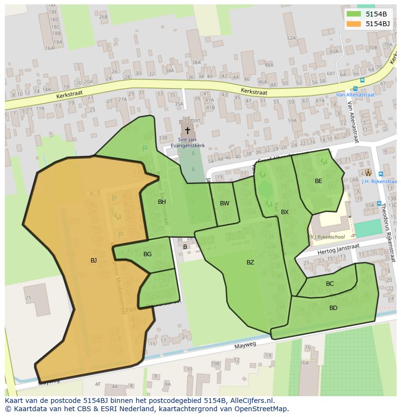 Afbeelding van het postcodegebied 5154 BJ op de kaart.