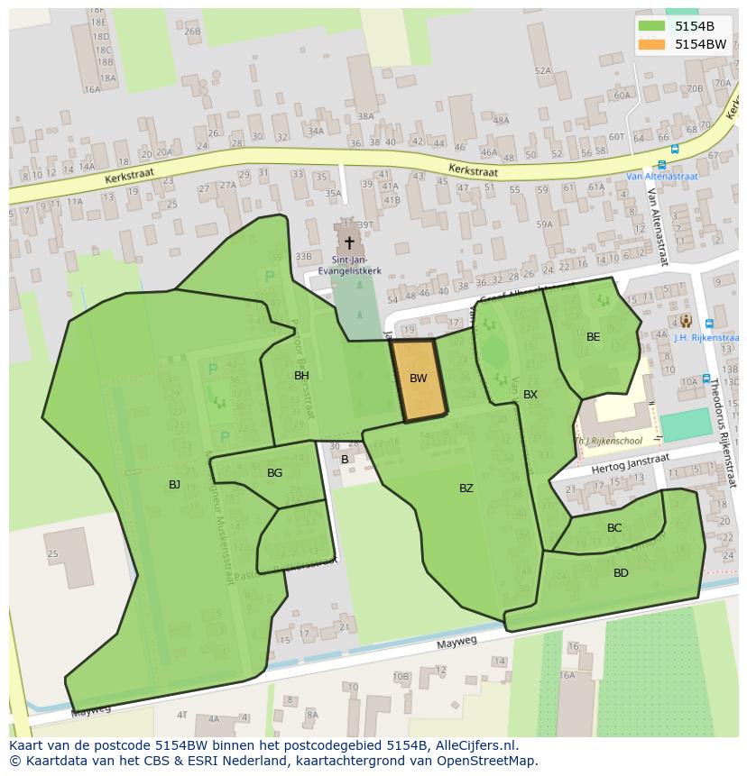 Afbeelding van het postcodegebied 5154 BW op de kaart.