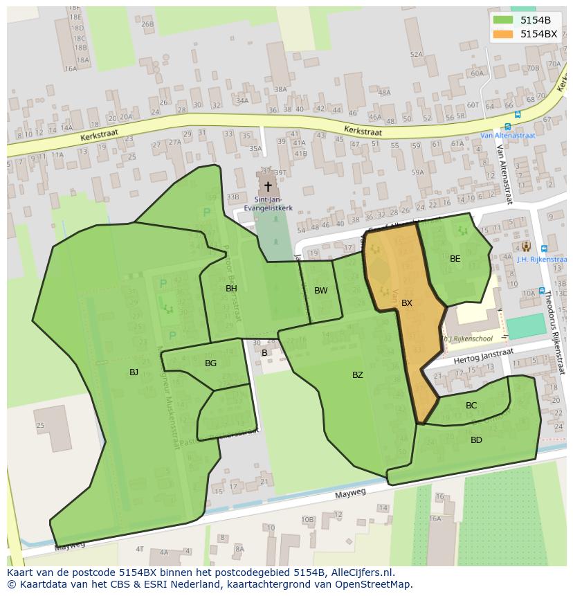 Afbeelding van het postcodegebied 5154 BX op de kaart.