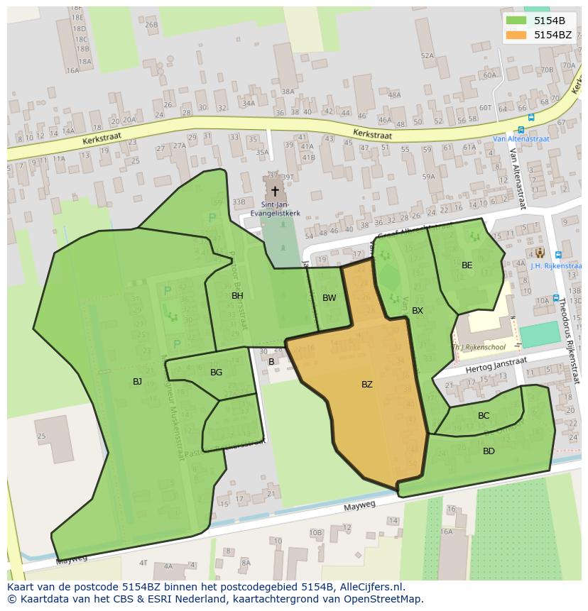Afbeelding van het postcodegebied 5154 BZ op de kaart.