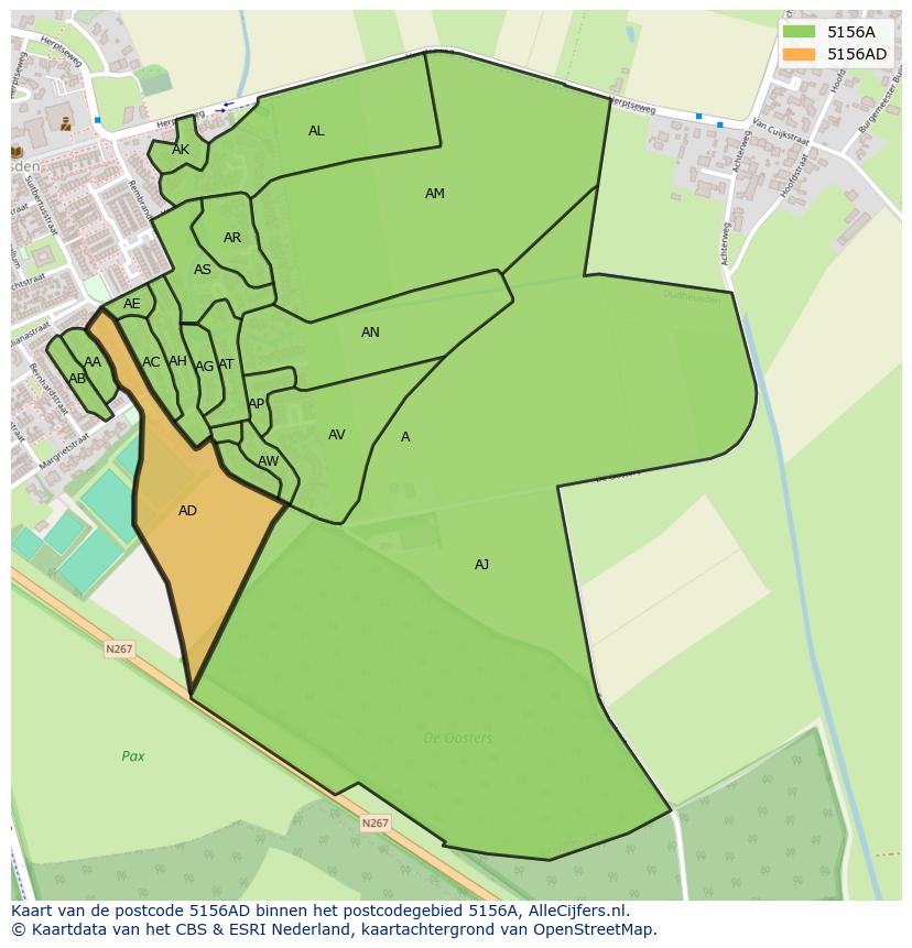 Afbeelding van het postcodegebied 5156 AD op de kaart.