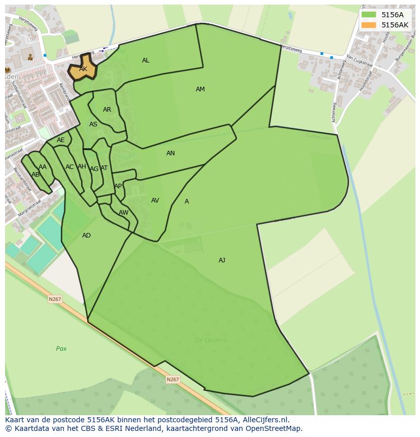 Afbeelding van het postcodegebied 5156 AK op de kaart.