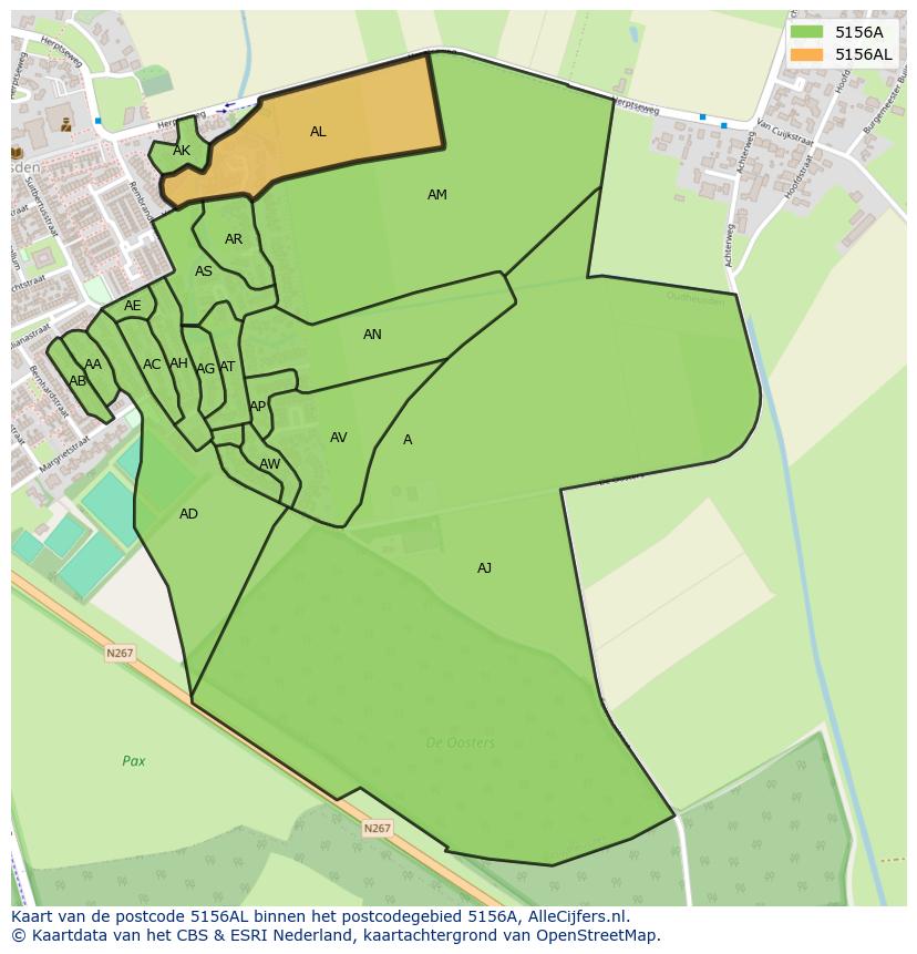Afbeelding van het postcodegebied 5156 AL op de kaart.
