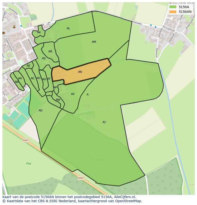 Afbeelding van het postcodegebied 5156 AN op de kaart.