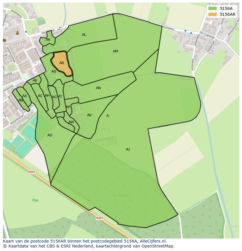 Afbeelding van het postcodegebied 5156 AR op de kaart.