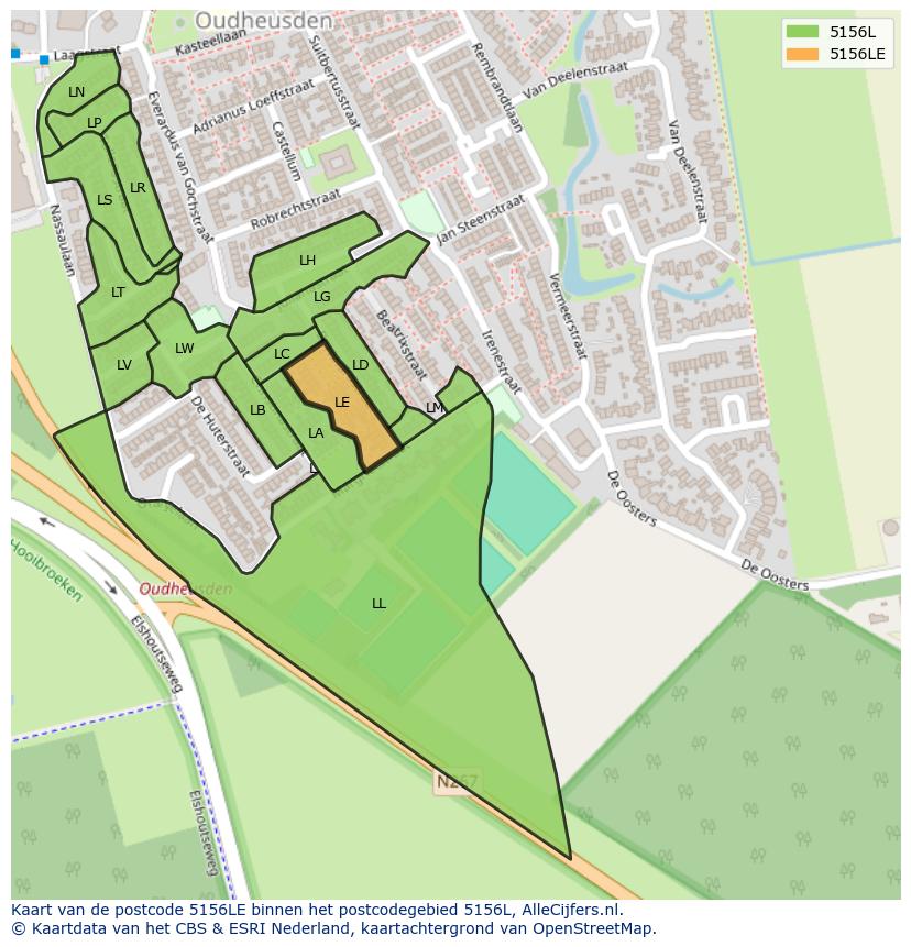 Afbeelding van het postcodegebied 5156 LE op de kaart.