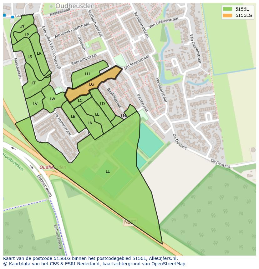 Afbeelding van het postcodegebied 5156 LG op de kaart.