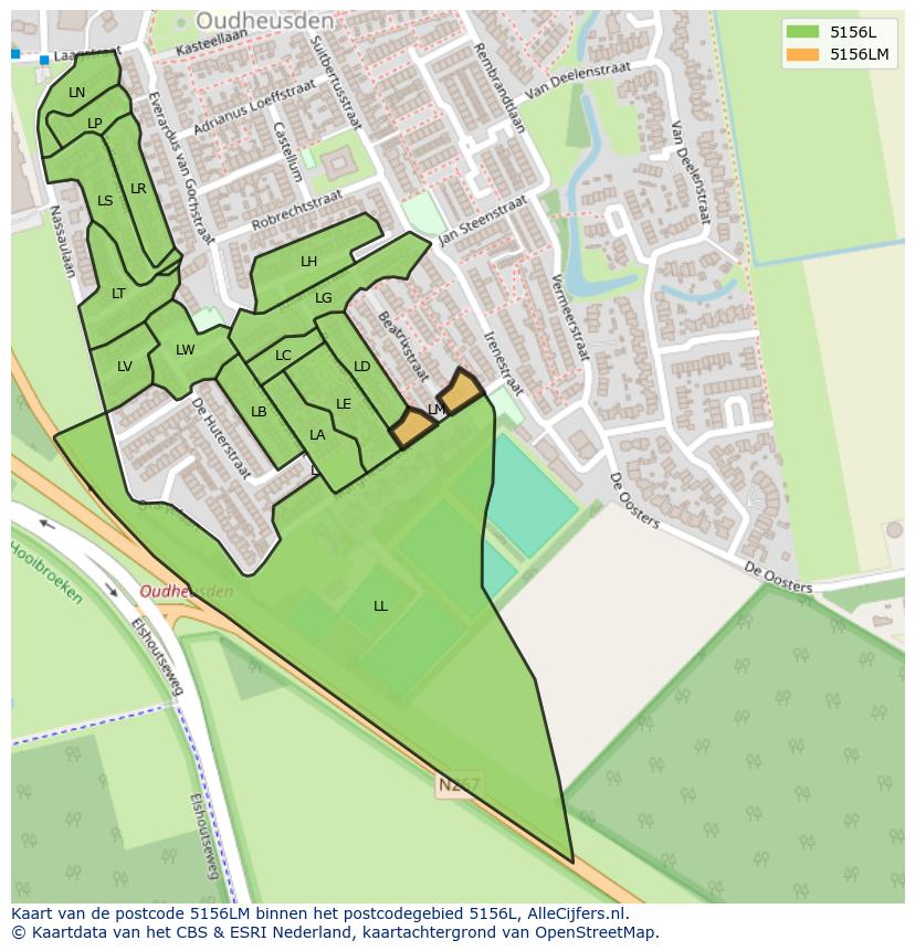 Afbeelding van het postcodegebied 5156 LM op de kaart.