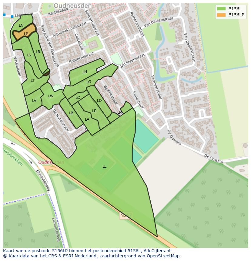 Afbeelding van het postcodegebied 5156 LP op de kaart.