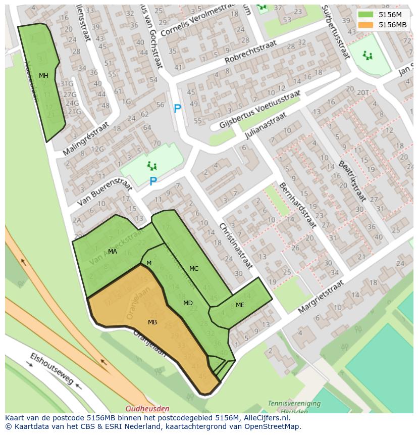 Afbeelding van het postcodegebied 5156 MB op de kaart.