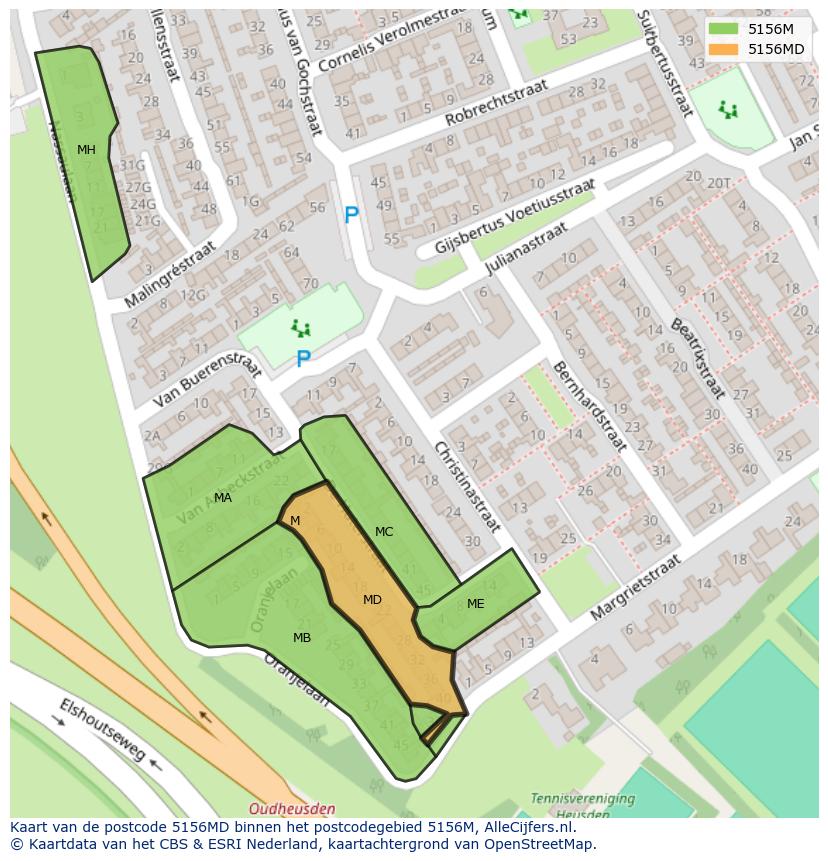 Afbeelding van het postcodegebied 5156 MD op de kaart.