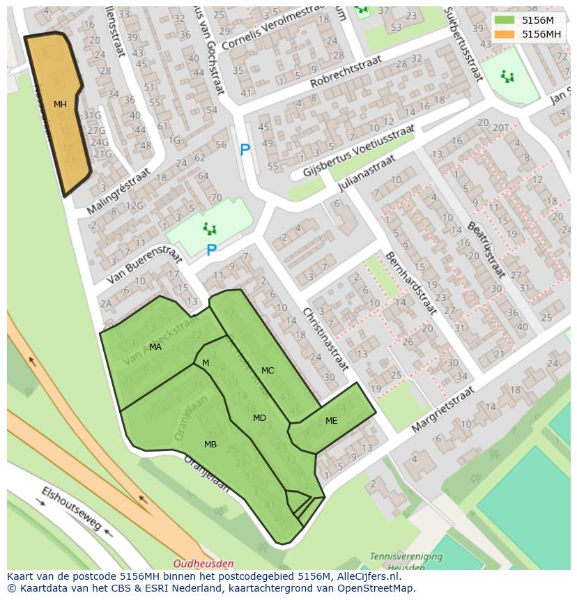Afbeelding van het postcodegebied 5156 MH op de kaart.